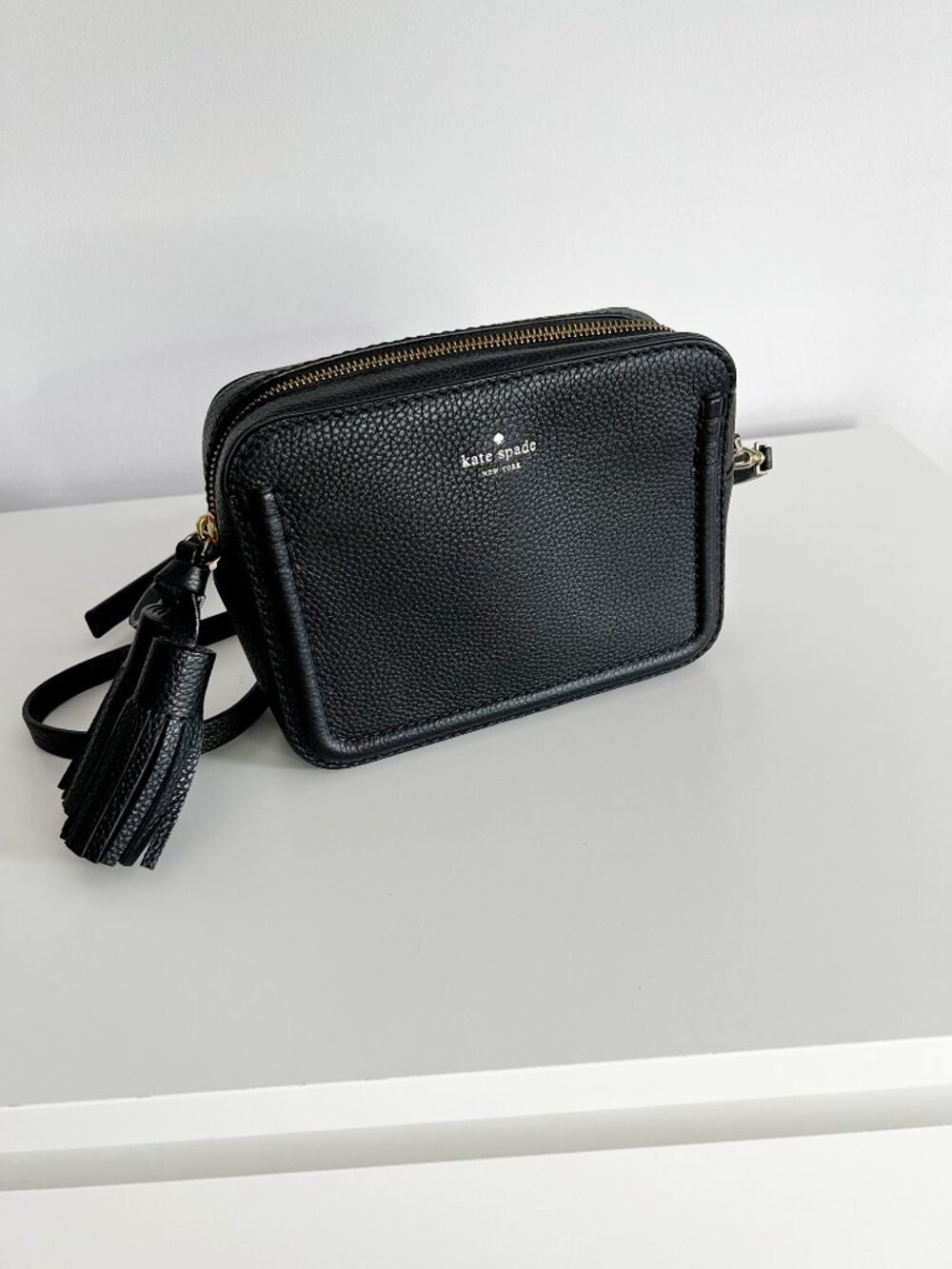 Kate Spade Black Pebbled Leather Tassel Crossbody Camera Bag